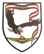 vorne: Logo der ABC-Abwehrschule / hinten:  Abzeichen der AFDRU