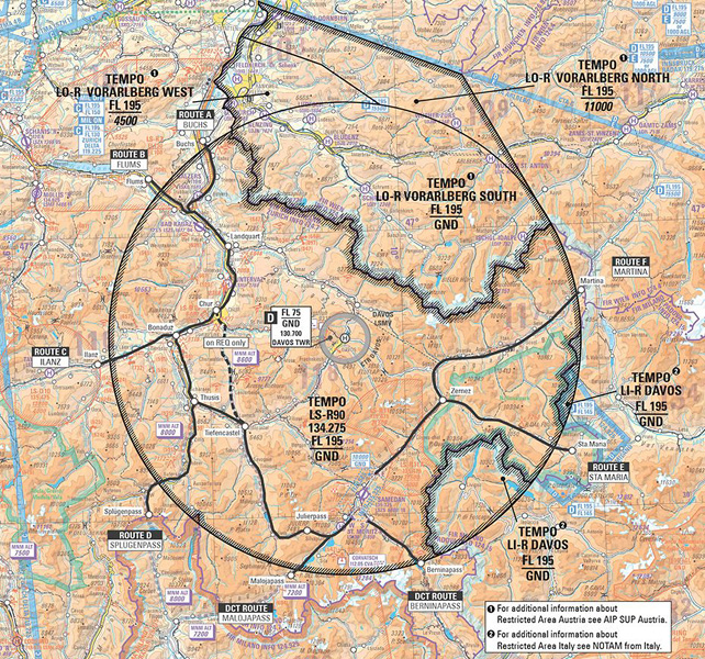 Temporäre Flugbeschränkungszone um Davos mit einem Radius von ca. 45 Kilometern (Temporary Restricted Area)